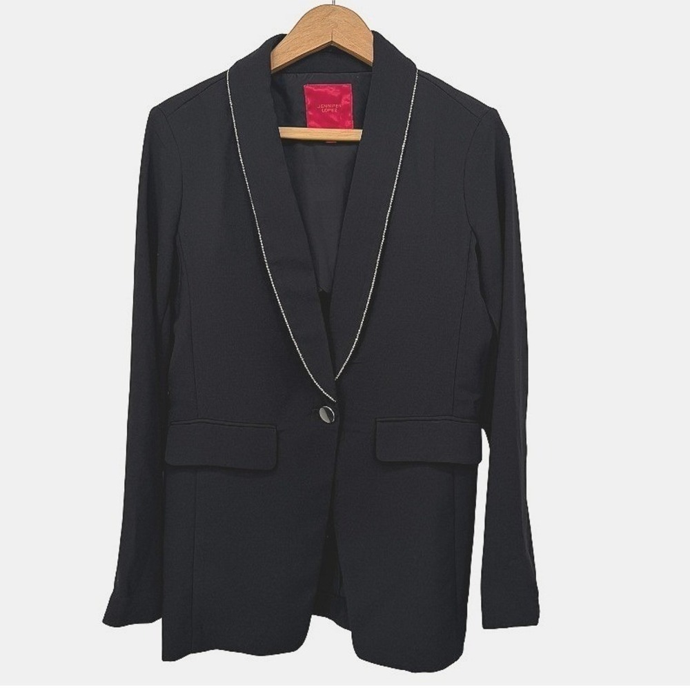 Jennifer Lopez Blazer Black Jeweled Trim Shawl Collar Single Button Size SM